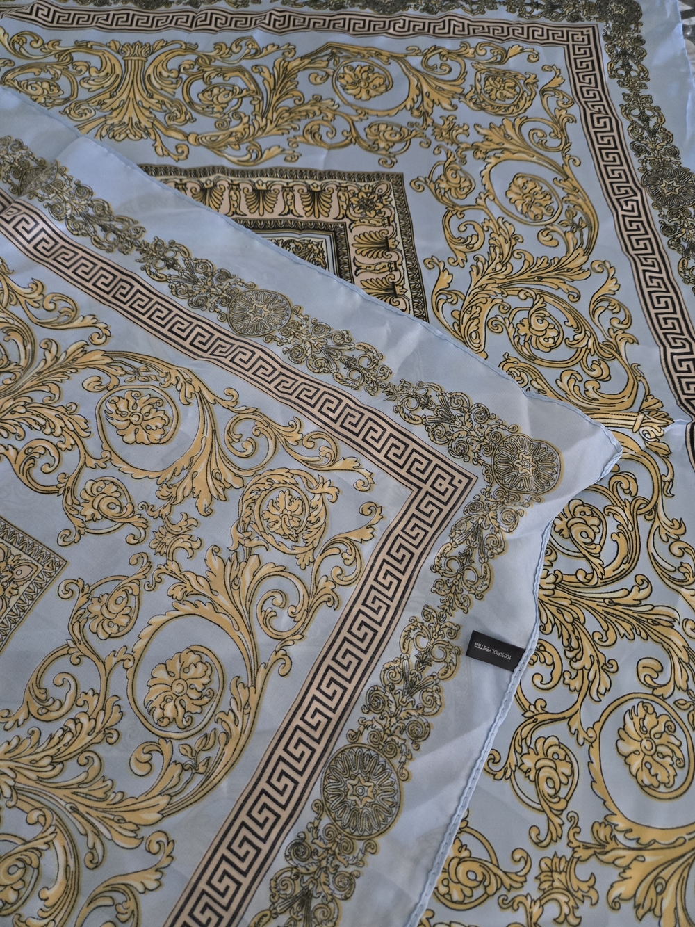 Silk-Feel Versace Vibes White and Gold Baroque Print Scarf 27.5x27.5"